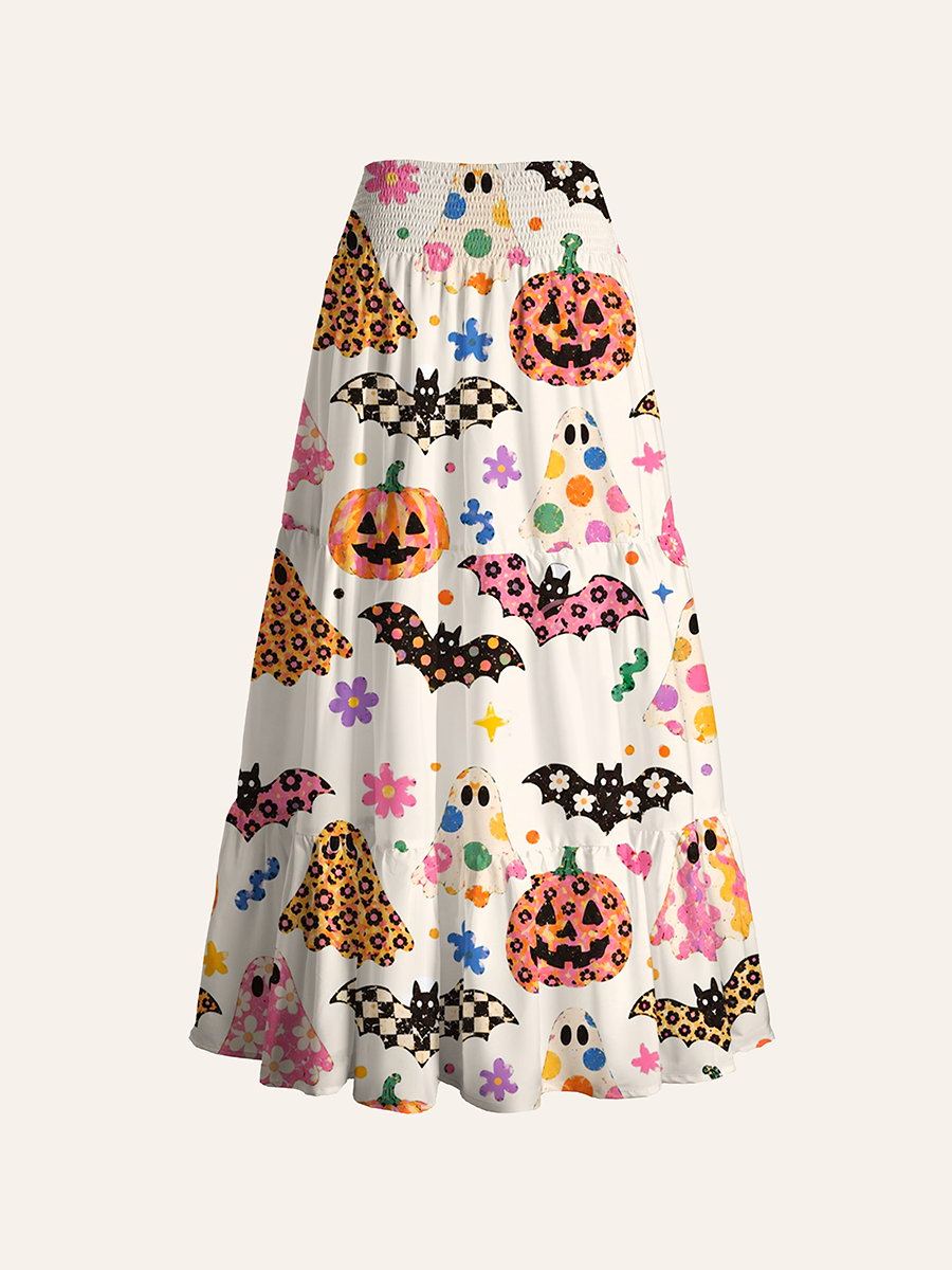 Retro Boho Doodle Ghost Pumpkin Bat Halloween Cabinet Convertible Maxi Skirts