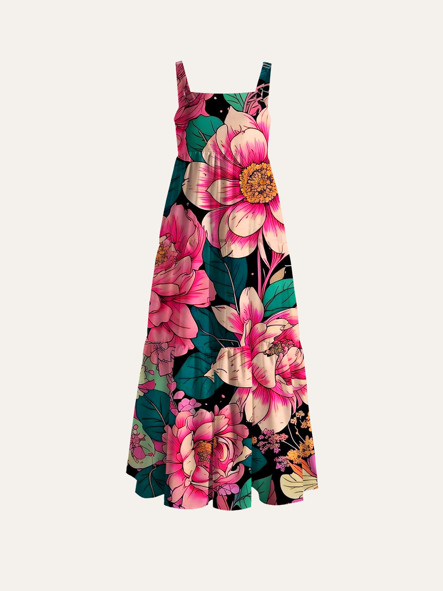 Magnolia Line Art Pattern Adjustable Wide Straps Maxi Dress