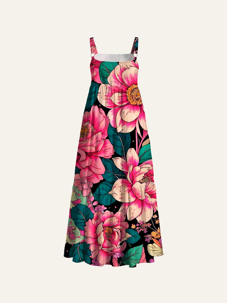 Magnolia Line Art Pattern Adjustable Wide Straps Maxi Dress
