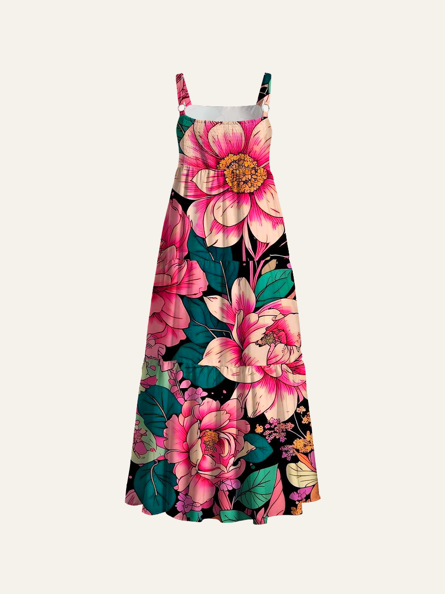 Magnolia Line Art Pattern Adjustable Wide Straps Maxi Dress