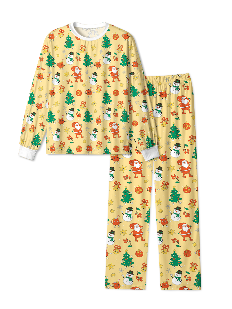 Vintage Yellow Santa Snowman Tree Christmas Pajama