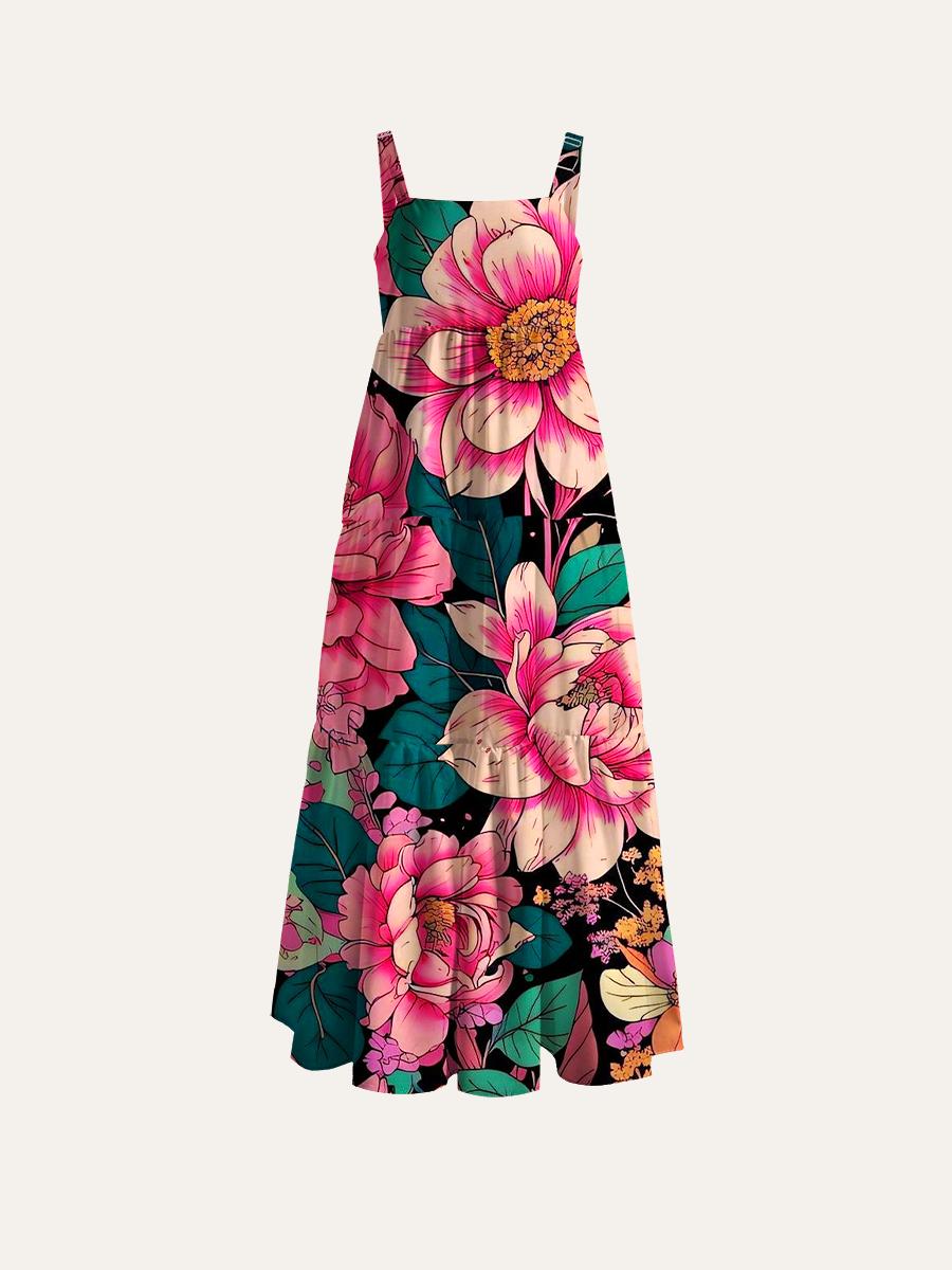 Magnolia Line Art Pattern Adjustable Wide Straps Maxi Dress