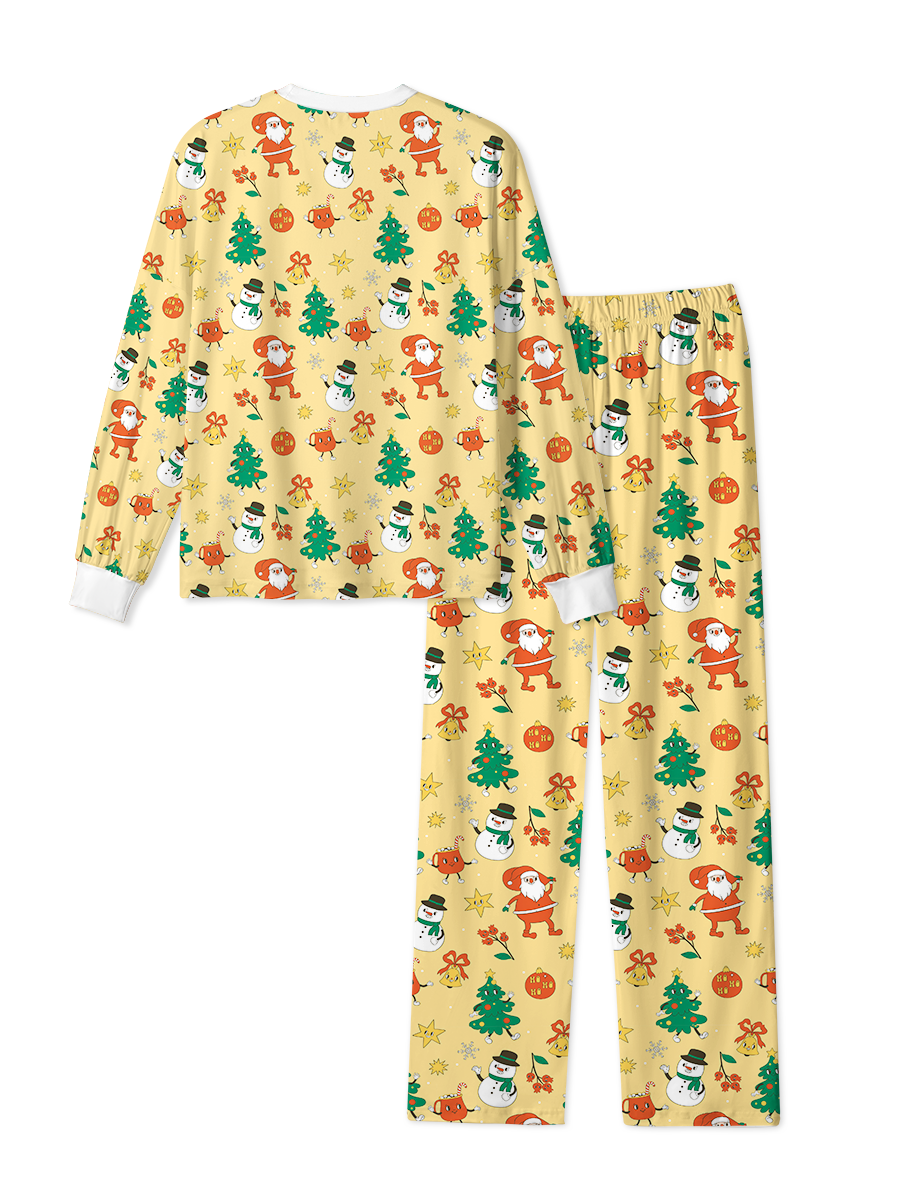 Vintage Yellow Santa Snowman Tree Christmas Pajama