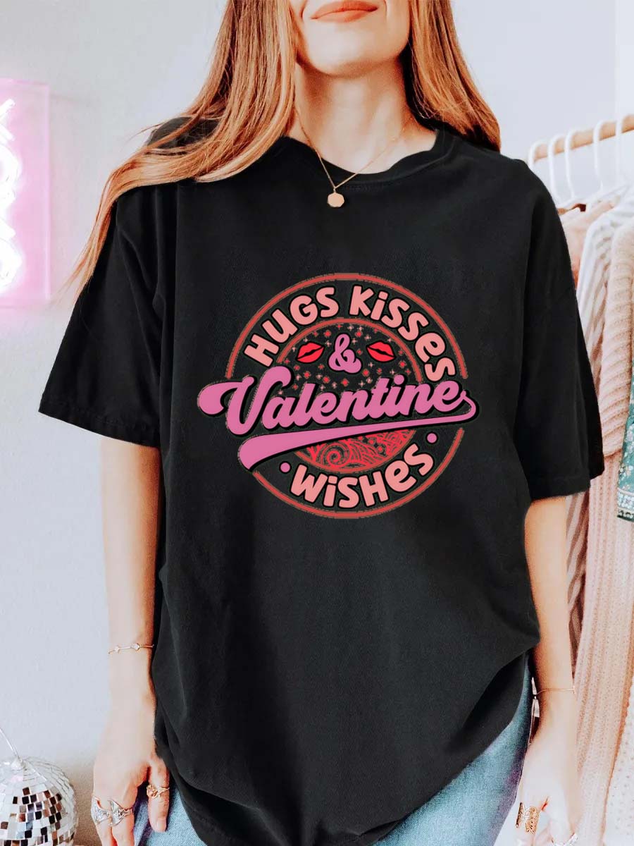 Vintage Hugs Kisses Wishes Valentine Oversize Graphic Tee