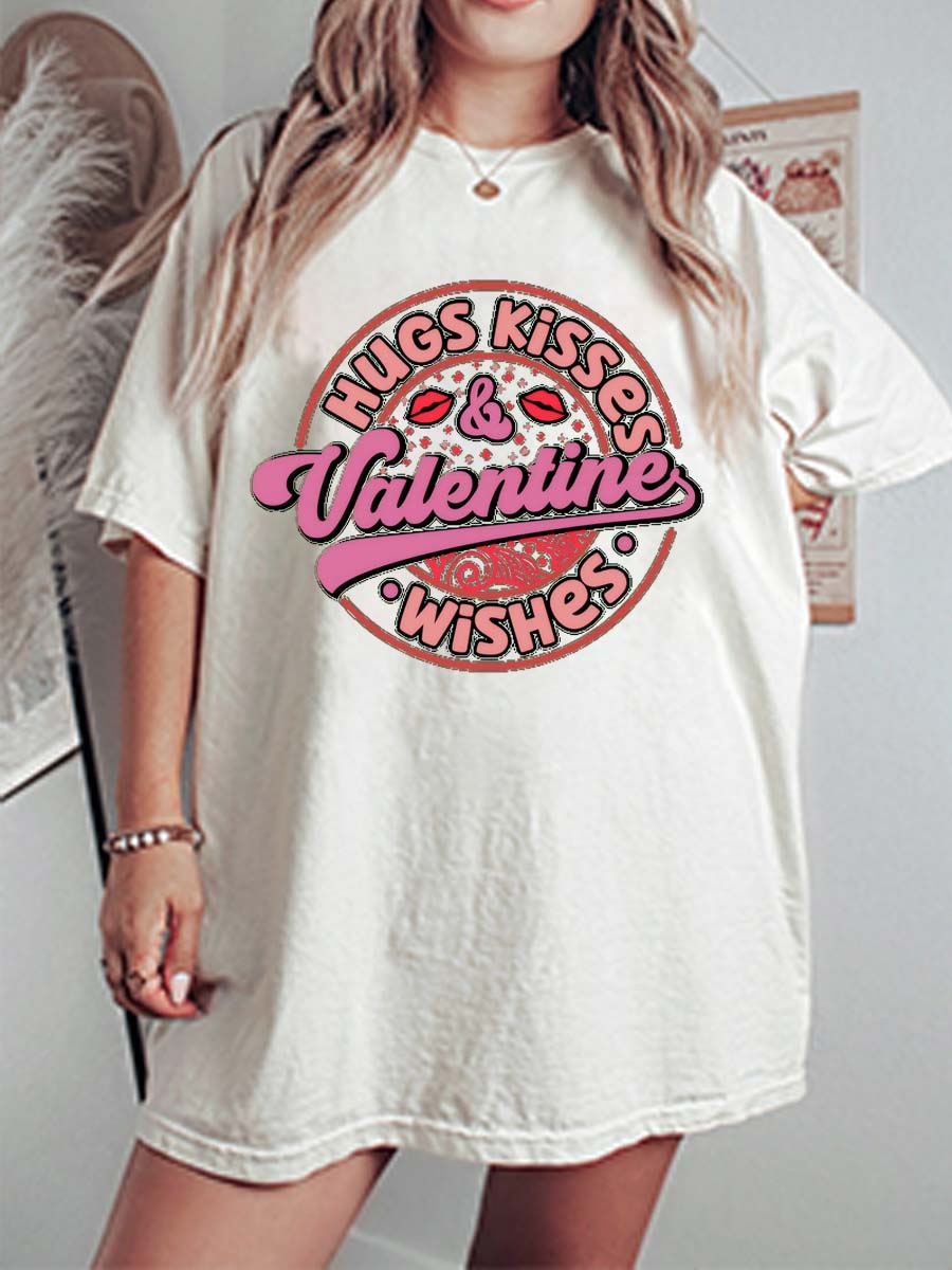 Vintage Hugs Kisses Wishes Valentine Oversize Graphic Tee