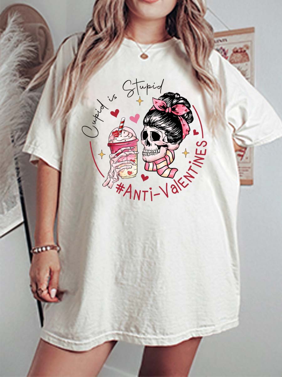 Vintage Cupid Is Stupid Skull Oversize Graphic Tee