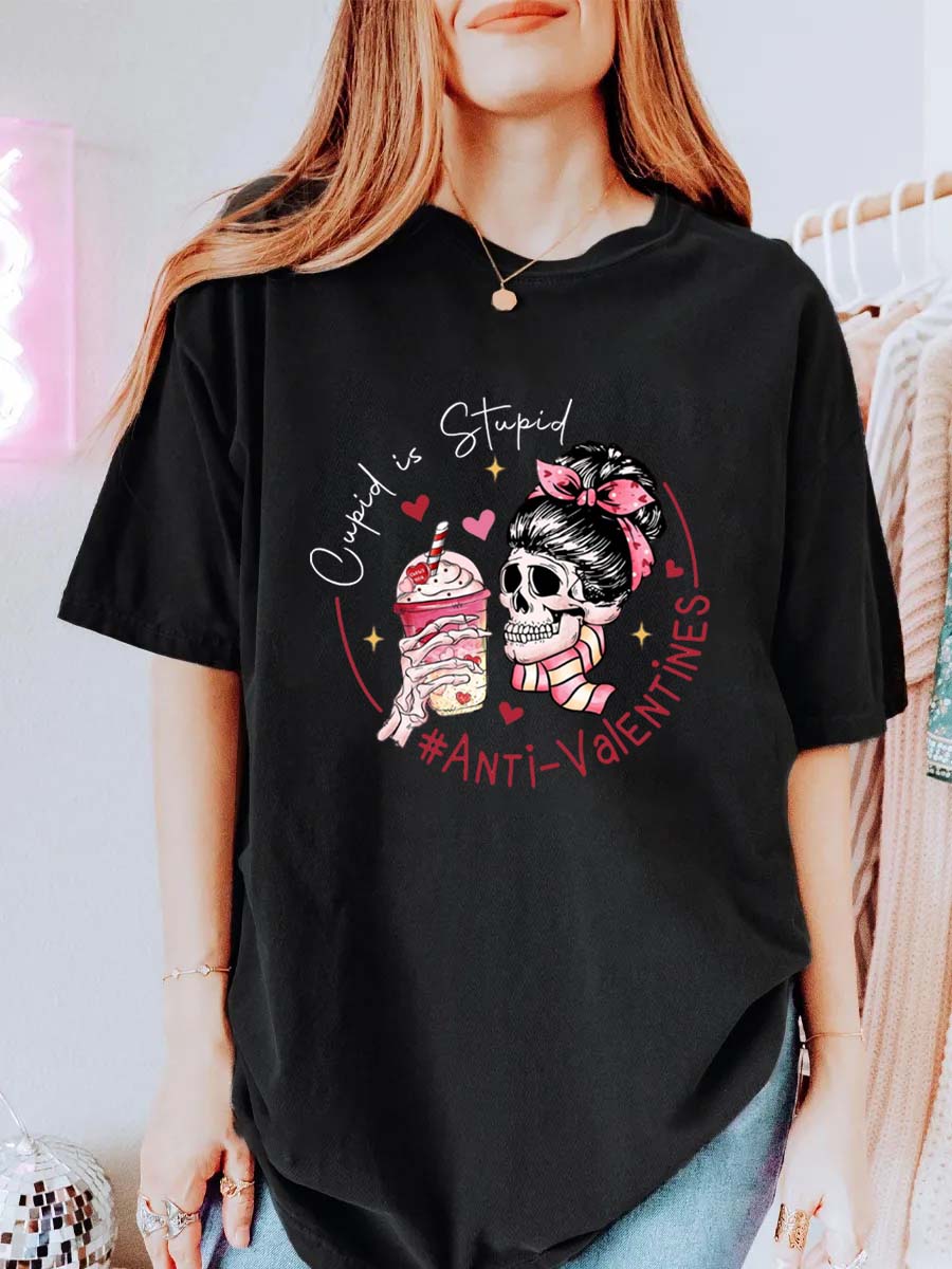 Vintage Cupid Is Stupid Skull Oversize Graphic Tee
