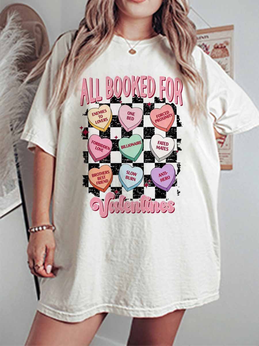 Vintage All Booked For Valentines Candy Heart Checkered Oversize Graphic Tee