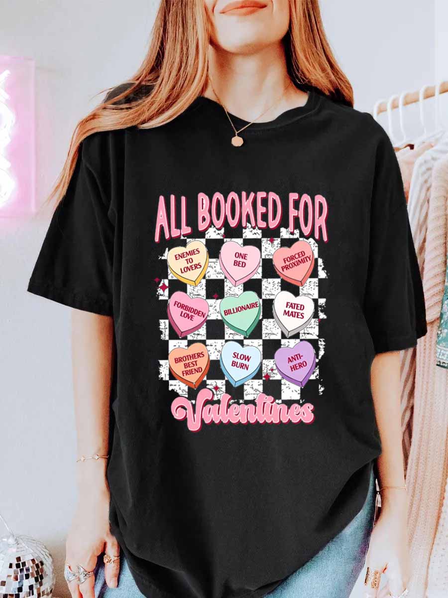 Vintage All Booked For Valentines Candy Heart Checkered Oversize Graphic Tee