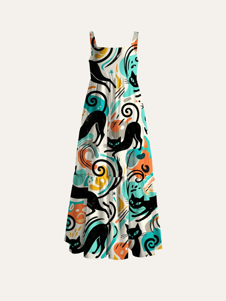 Multiple Stylized Black Cats Adjustable Wide Straps Maxi Dress