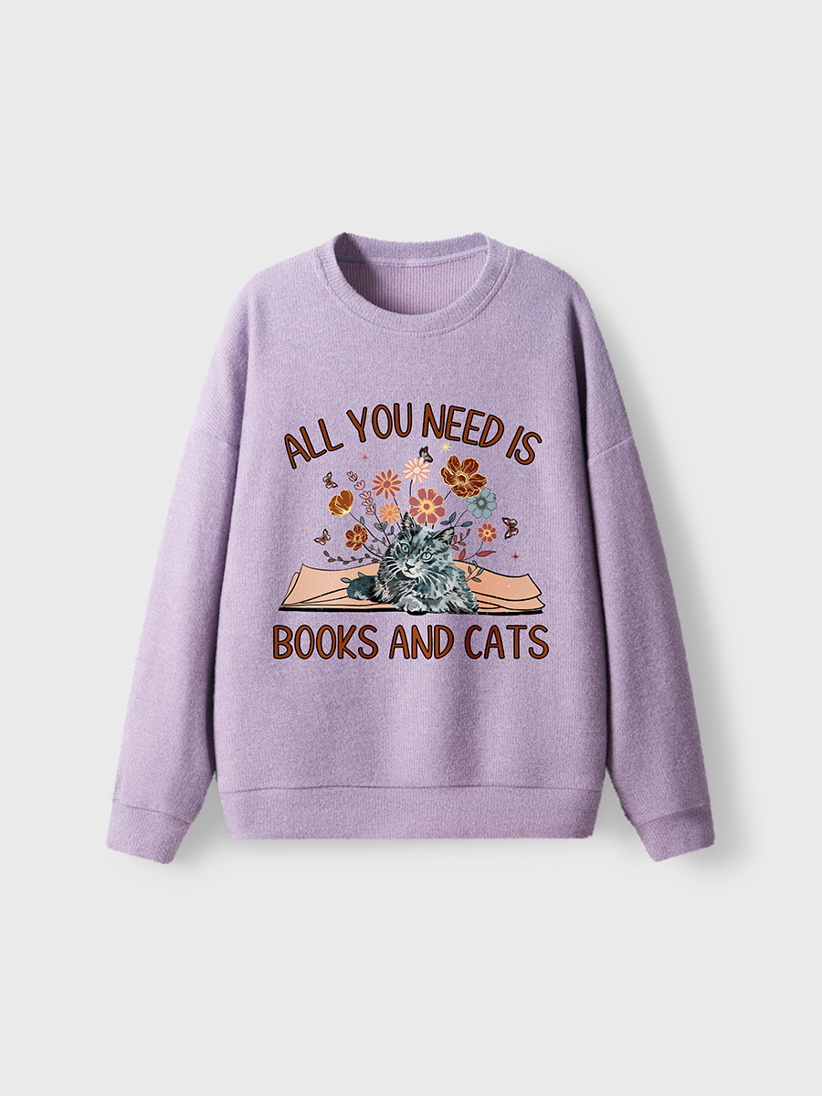 Vintage All You Need Is Books And Cats Fuzzy Sweater