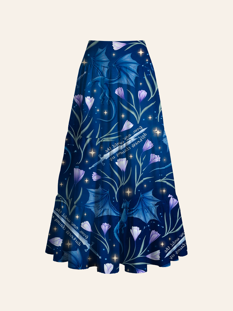 Fantasy Dragon & Sword Floral Cake-tier Midi Skirt