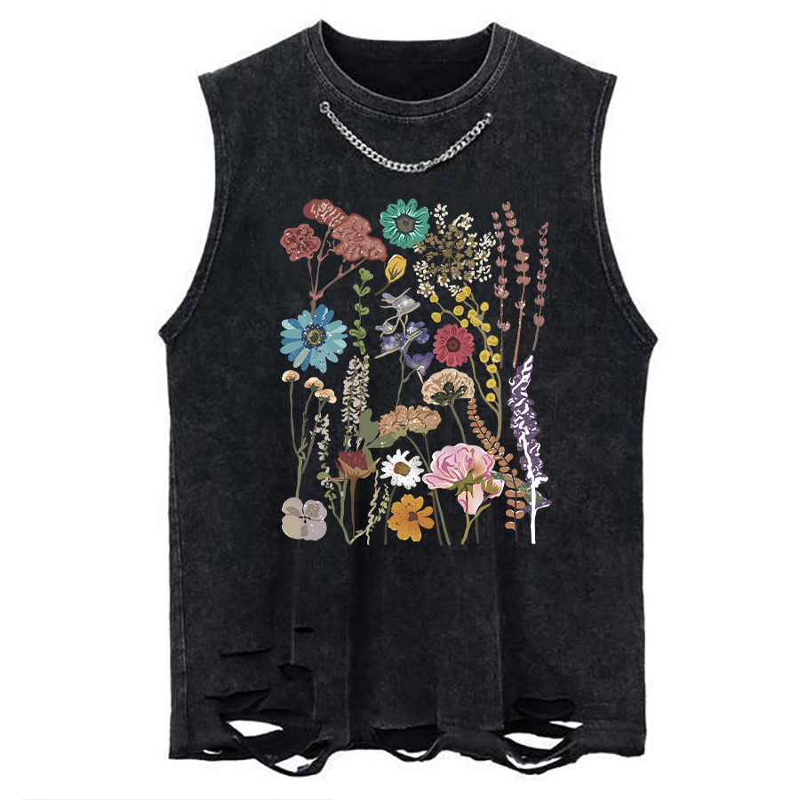 Vintage Pressed Flowers Chain Ripped Washed Tank