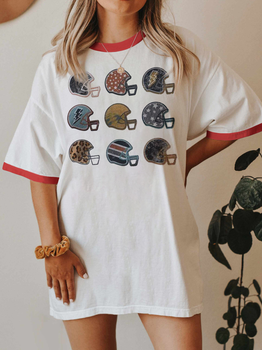 Vintage Game Day Football Helmet Collection Graphic Ringer Tee