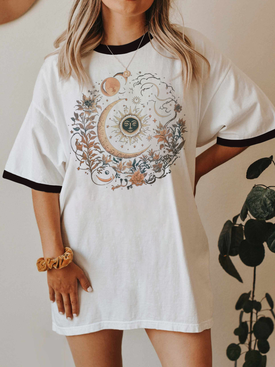 Vintage Mystic Moon And Sun Floral Ringer Tee