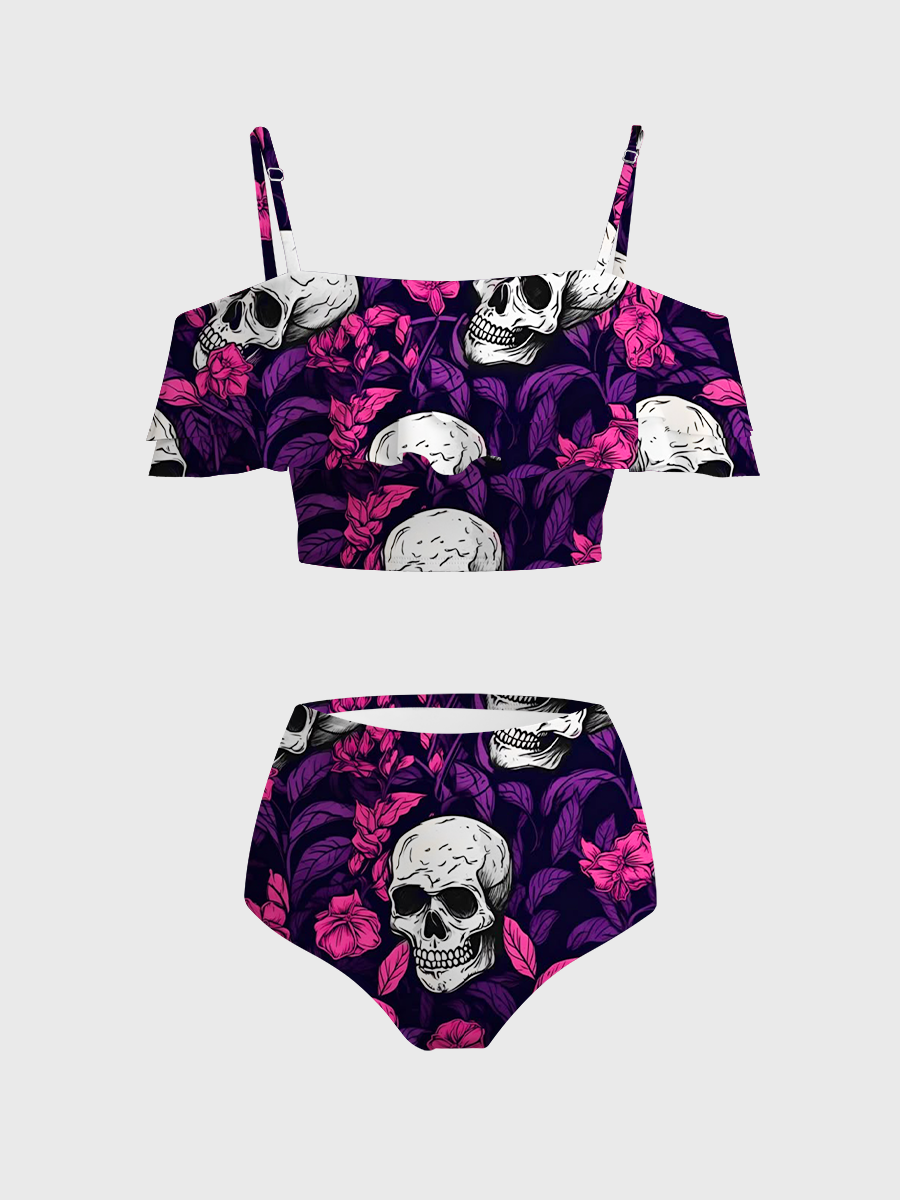 Vintage Skull & Pink Floral Pattern Two Piece Ruffled Tankini Swimsuit
