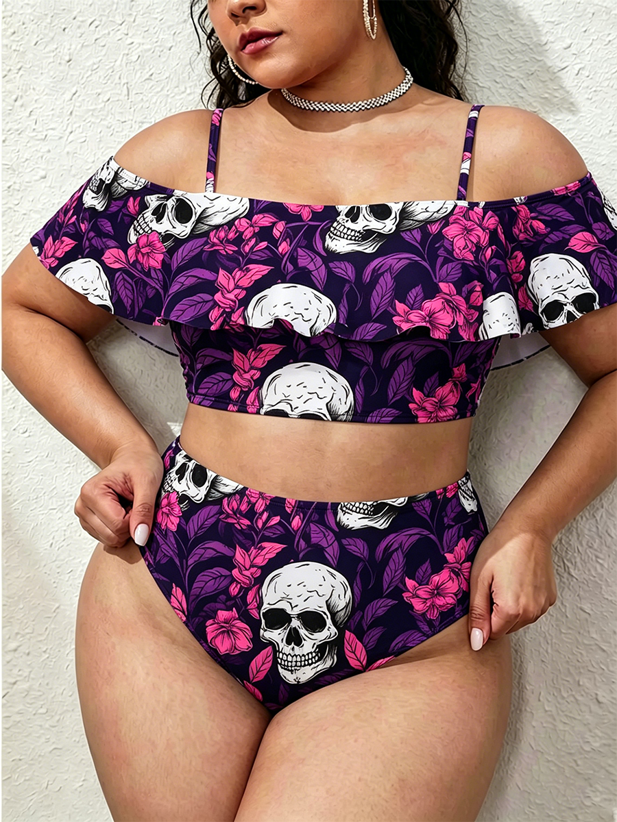 Vintage Skull & Pink Floral Pattern Two Piece Ruffled Tankini Swimsuit