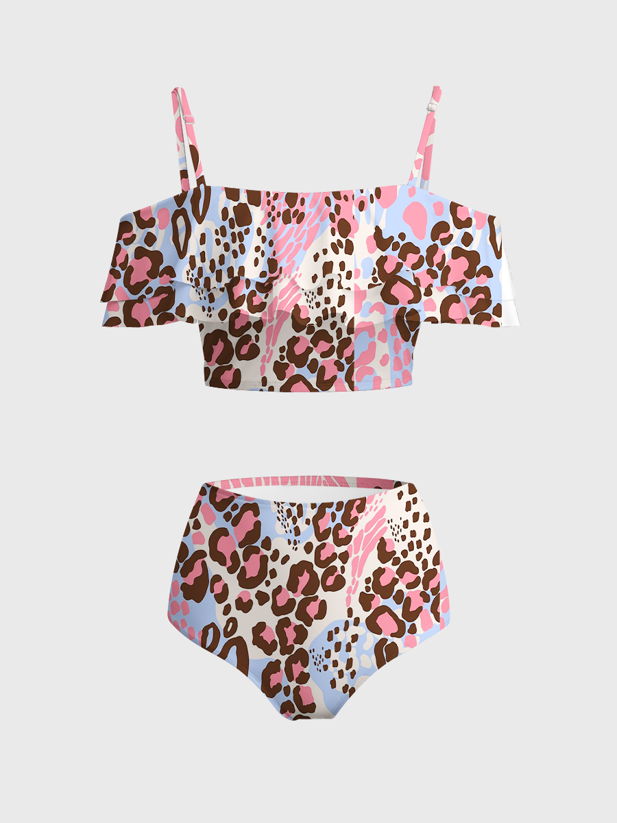 Vintage Pastel Leopard Abstract Print Two Piece Ruffled Tankini Swimsuit