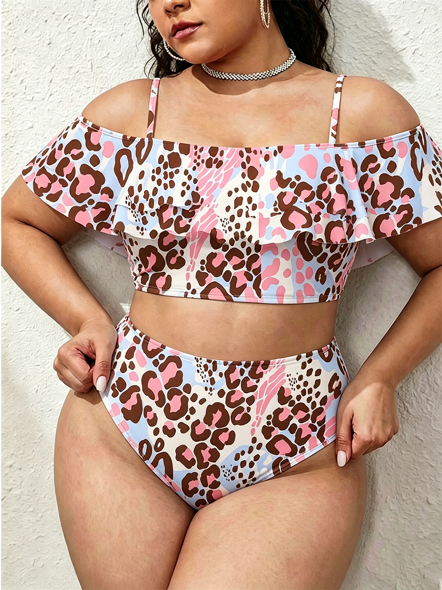 Vintage Pastel Leopard Abstract Print Two Piece Ruffled Tankini Swimsuit