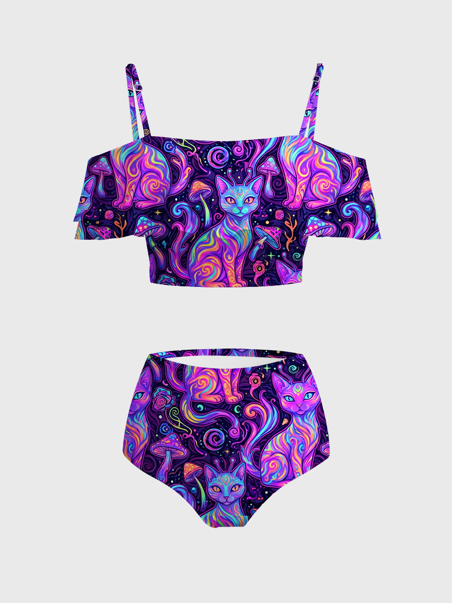 Vintage Psychedelic Alien Cat Art Two Piece Ruffled Tankini Swimsuit
