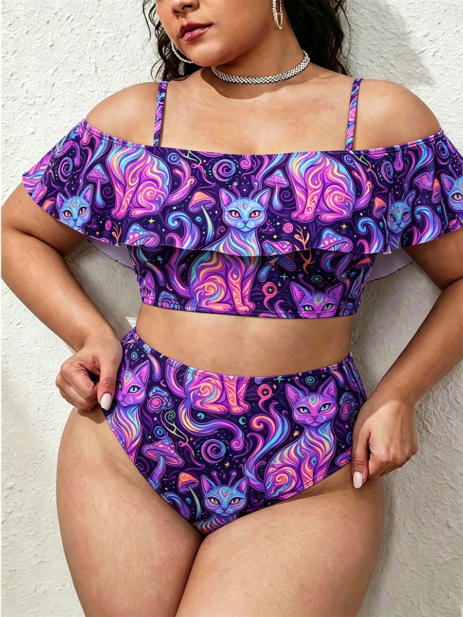 Vintage Psychedelic Alien Cat Art Two Piece Ruffled Tankini Swimsuit