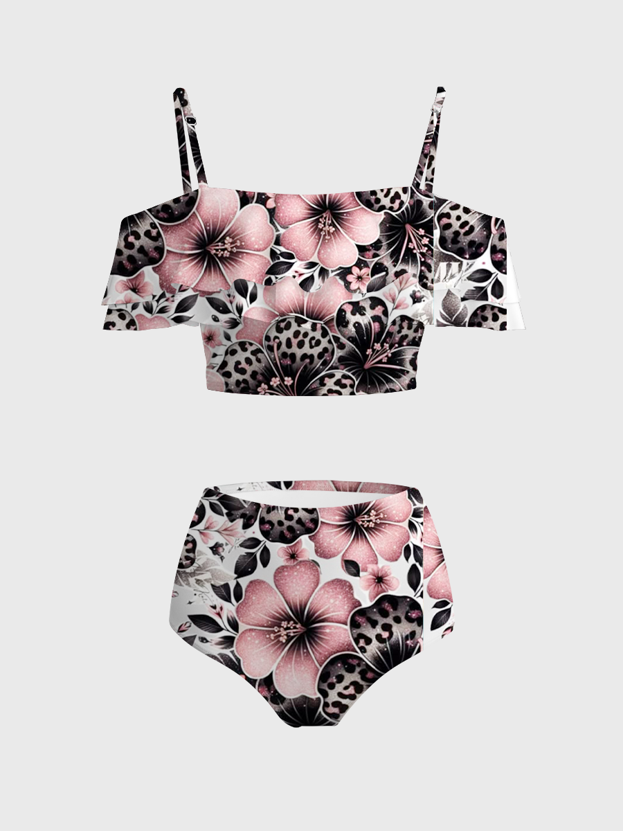 Vintage Leopard Print Hibiscus Floral Two Piece Ruffled Tankini Swimsuit