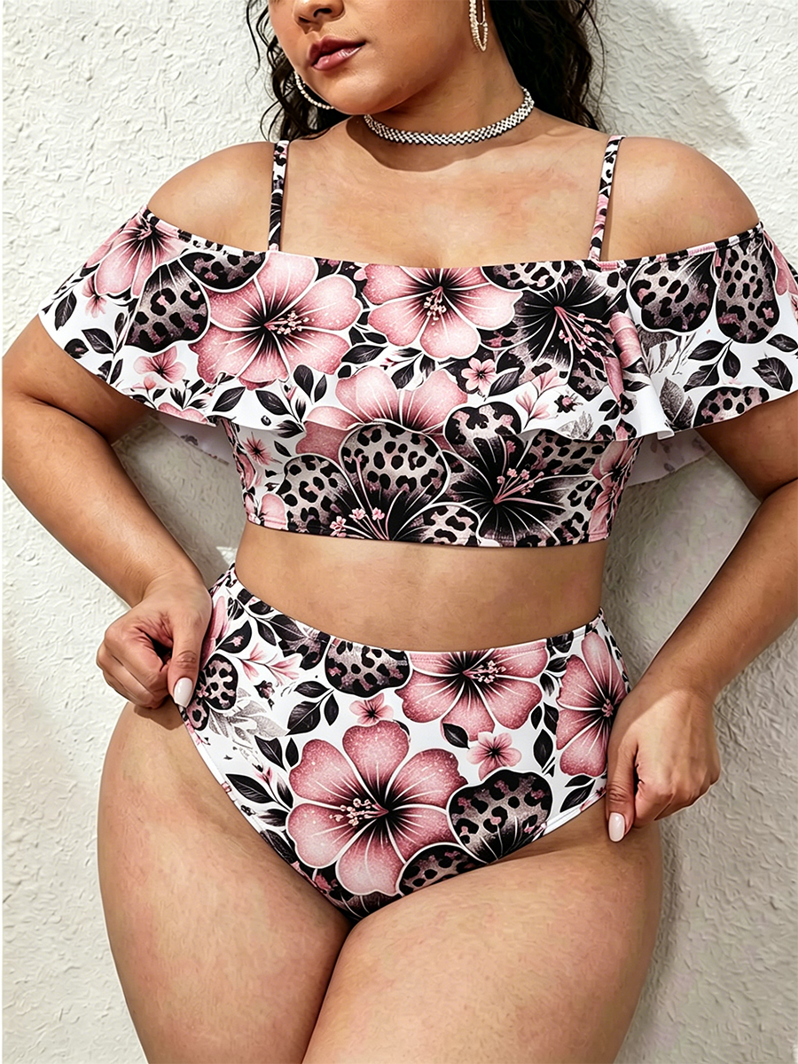 Vintage Leopard Print Hibiscus Floral Two Piece Ruffled Tankini Swimsuit