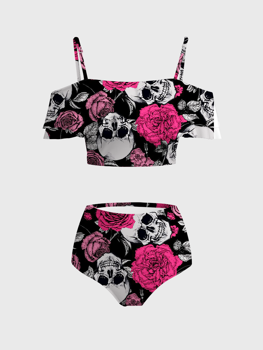 Vintage Skull & Rose Grunge Pattern Two Piece Ruffled Tankini Swimsuit