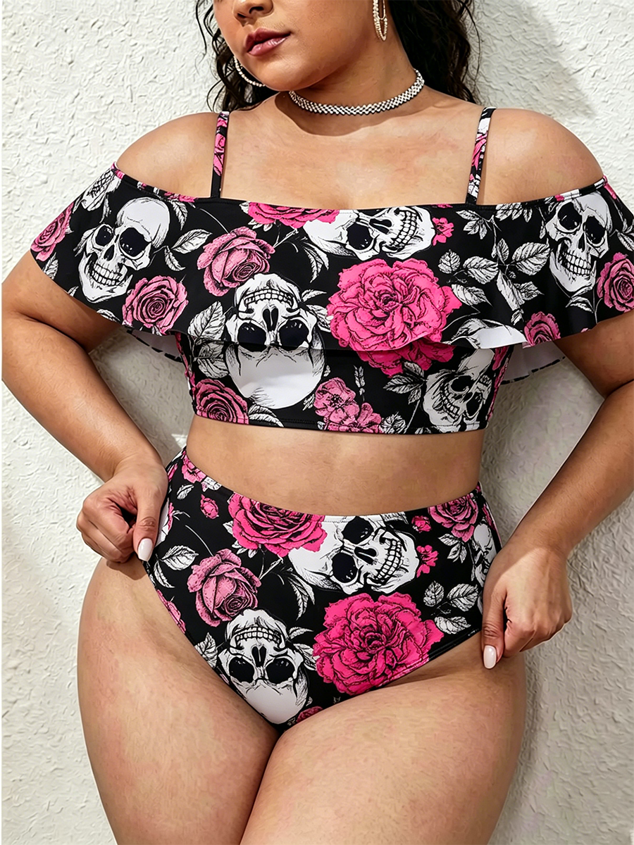 Vintage Skull & Rose Grunge Pattern Two Piece Ruffled Tankini Swimsuit