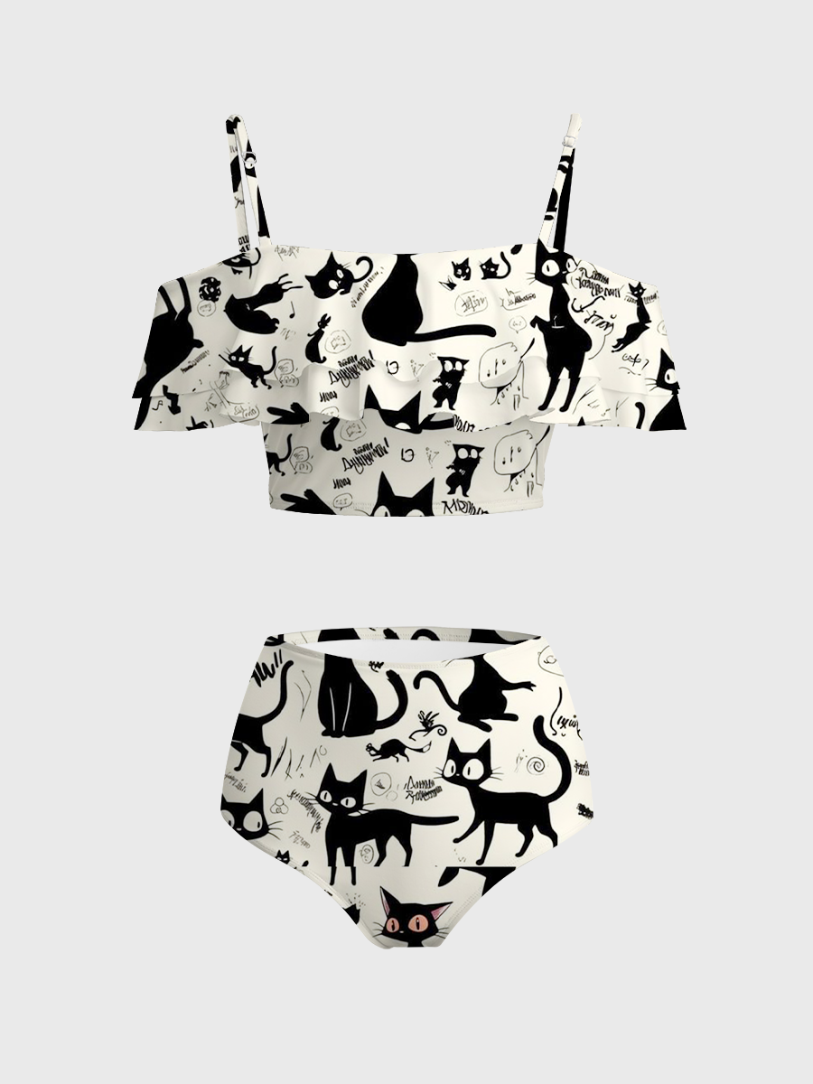 Vintage Black Cat Sketch Doodle Art Two Piece Ruffled Tankini Swimsuit
