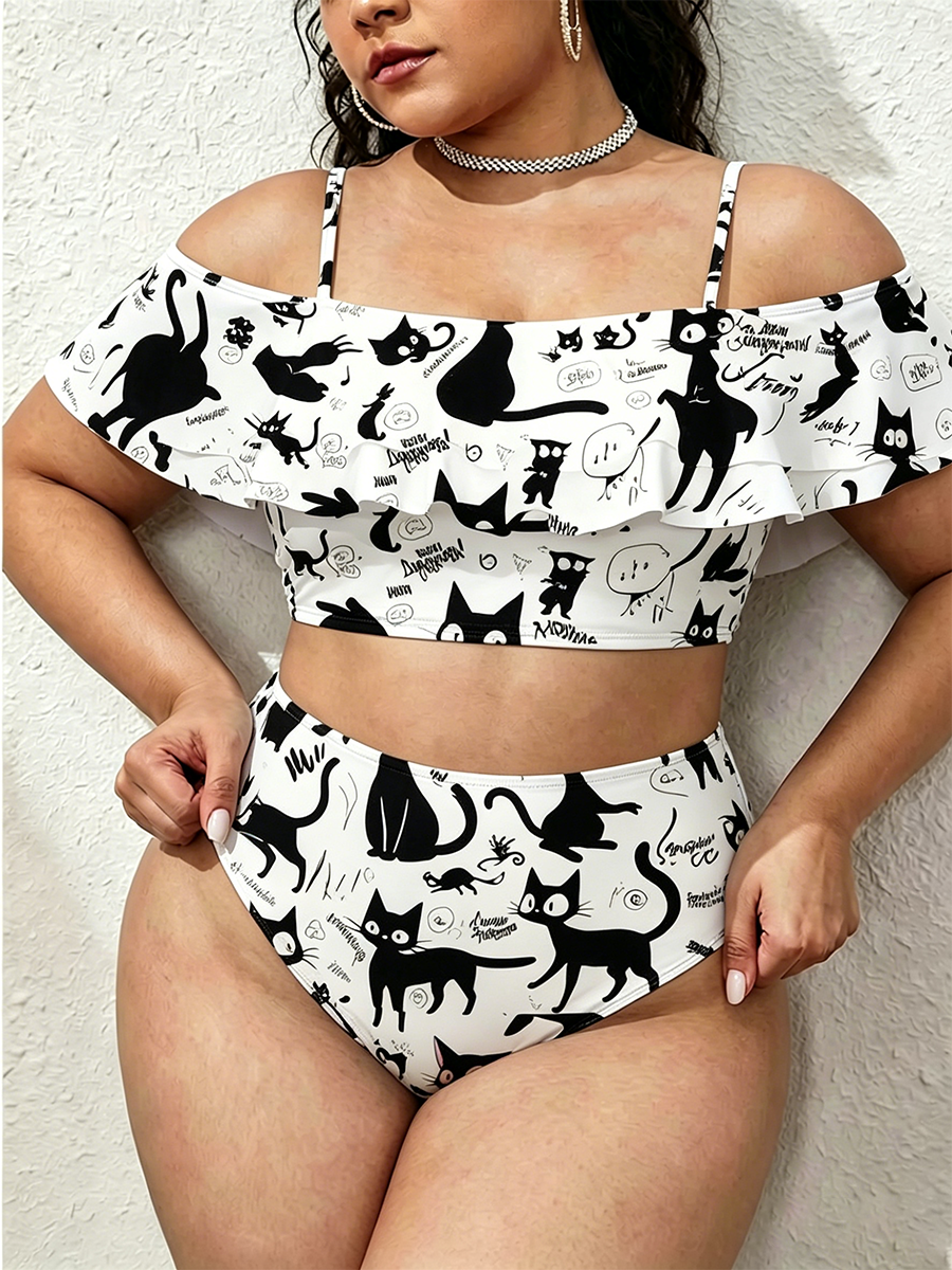 Vintage Black Cat Sketch Doodle Art Two Piece Ruffled Tankini Swimsuit