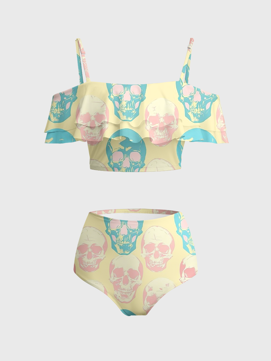 Vintage Pastel Skull Pop Art Print Two Piece Ruffled Tankini Swimsuit