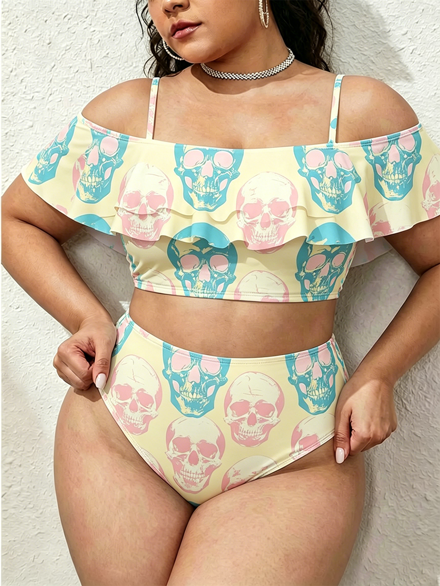 Vintage Pastel Skull Pop Art Print Two Piece Ruffled Tankini Swimsuit