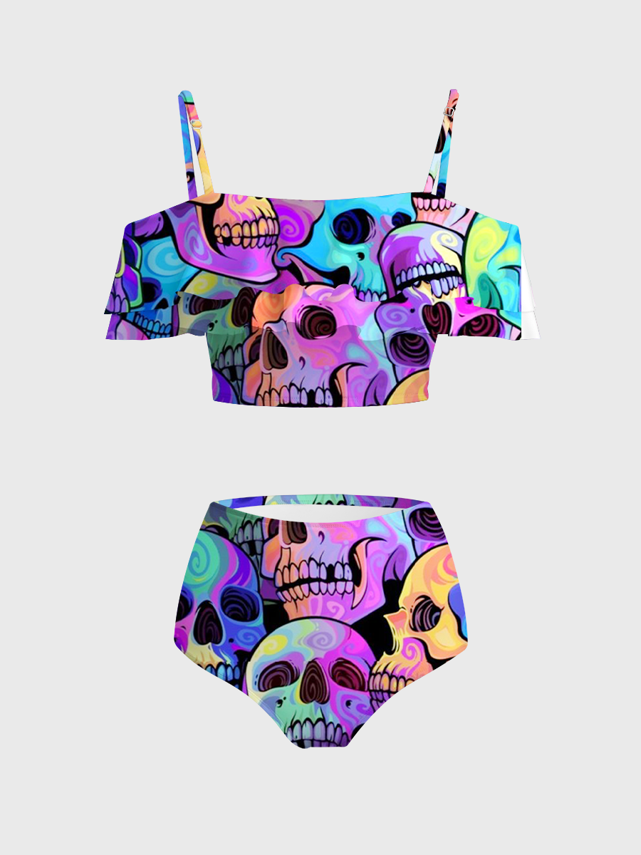 Vintage Trippy Psychedelic Swirl Skulls Two Piece Ruffled Tankini Swimsuit