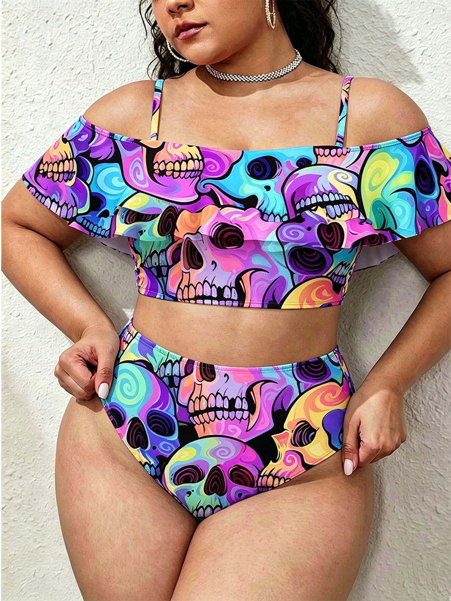 Vintage Trippy Psychedelic Swirl Skulls Two Piece Ruffled Tankini Swimsuit