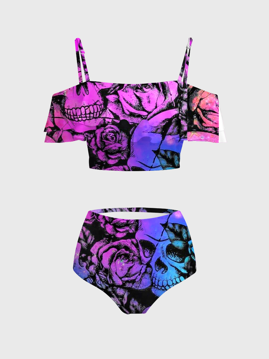 Vintage Galaxy Skull & Rose Aesthetic Two Piece Ruffled Tankini Swimsuit