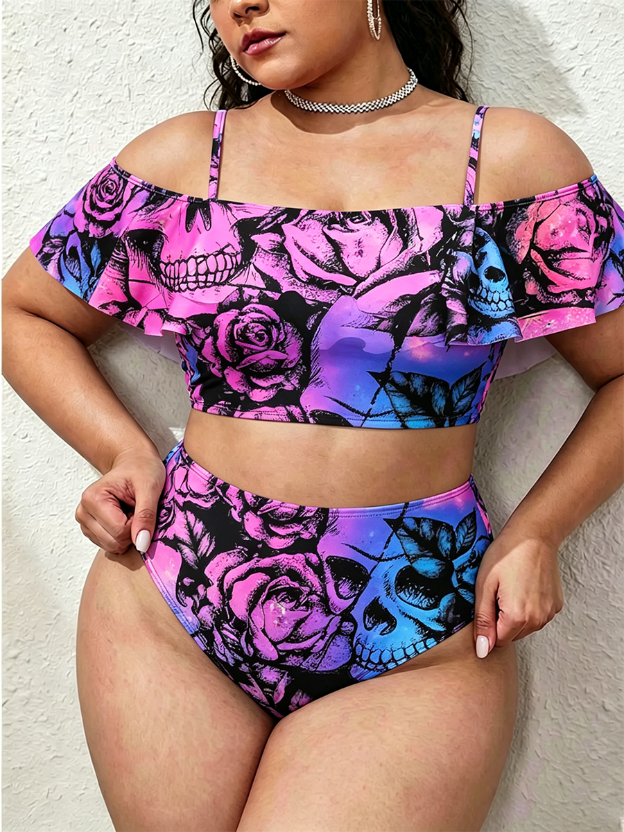 Vintage Galaxy Skull & Rose Aesthetic Two Piece Ruffled Tankini Swimsuit