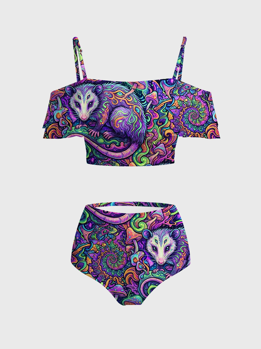 Vintage Trippy Opossum Mushroom Art Two Piece Ruffled Tankini Swimsuit