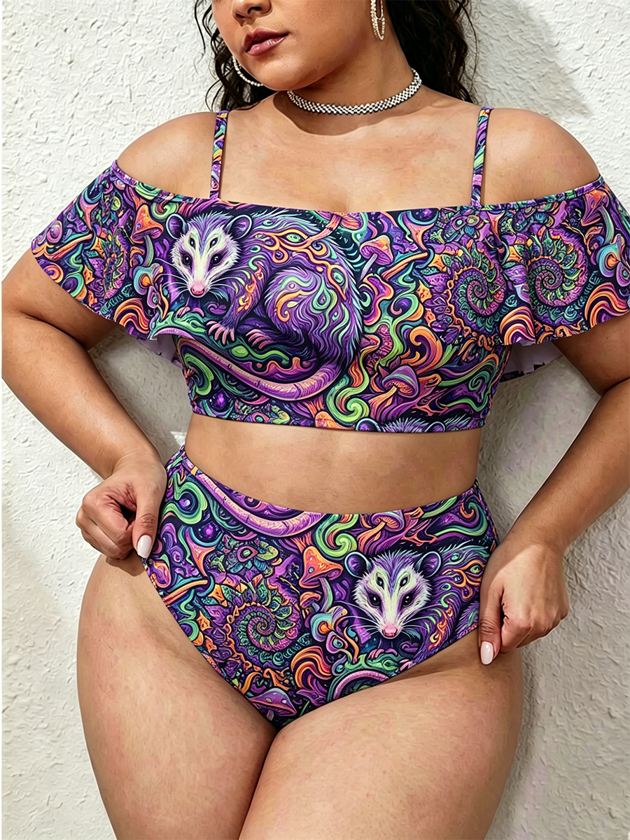 Vintage Trippy Opossum Mushroom Art Two Piece Ruffled Tankini Swimsuit