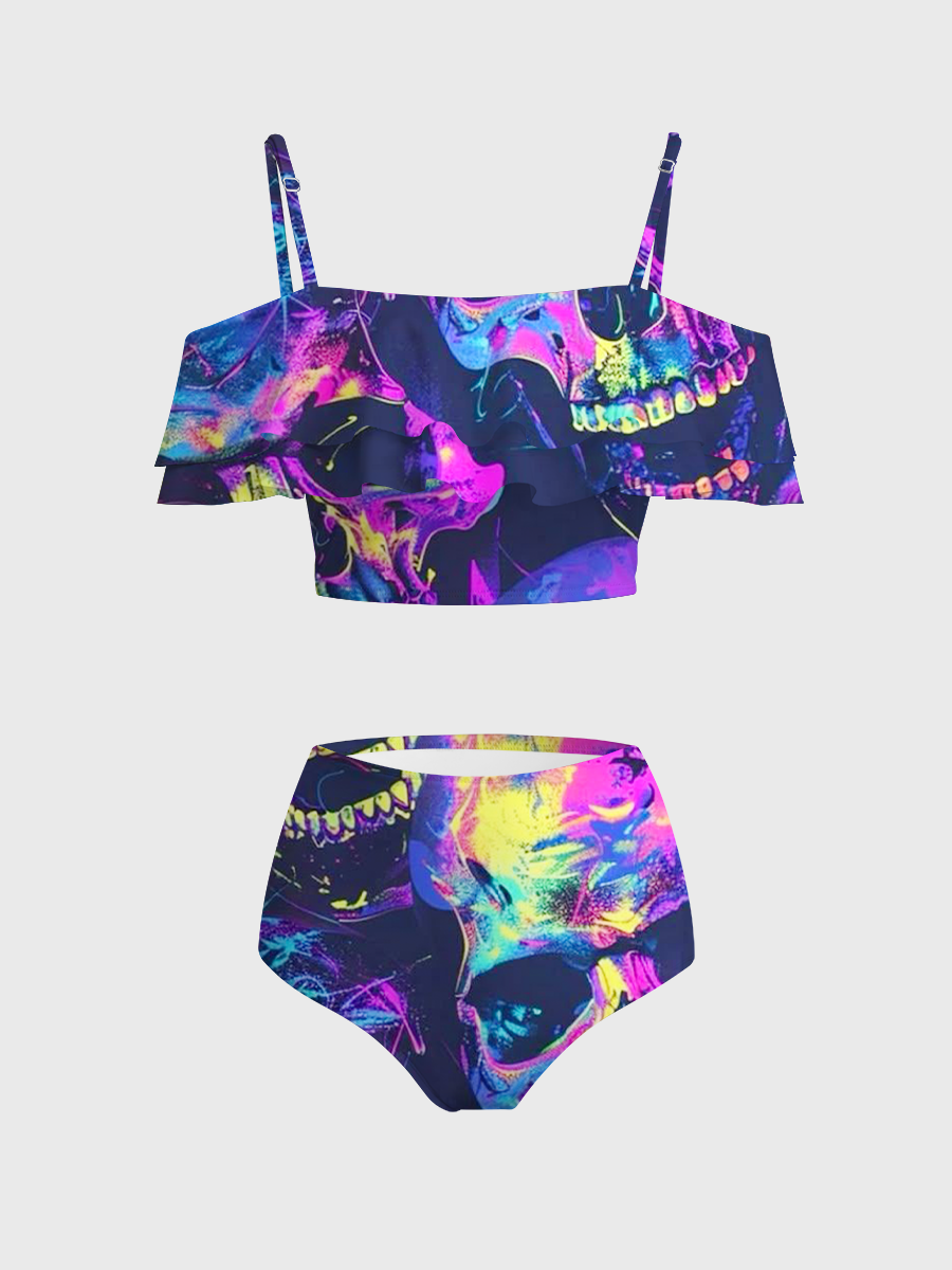 Vintage Vibrant Graffiti Skulls Two Piece Ruffled Tankini Swimsuit