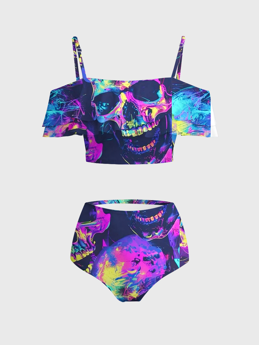 Vintage Vibrant Graffiti Skulls Two Piece Ruffled Tankini Swimsuit