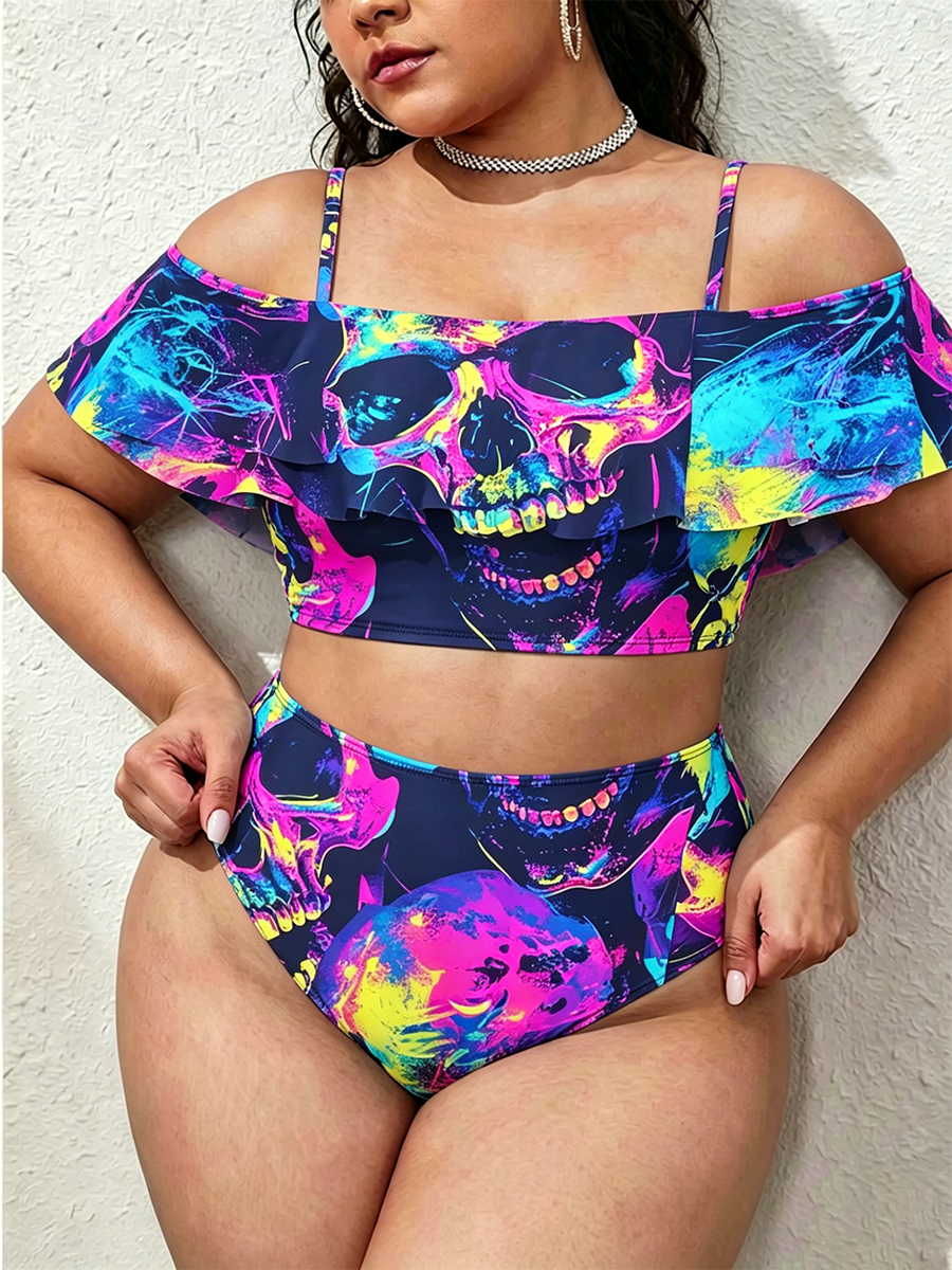 Vintage Vibrant Graffiti Skulls Two Piece Ruffled Tankini Swimsuit
