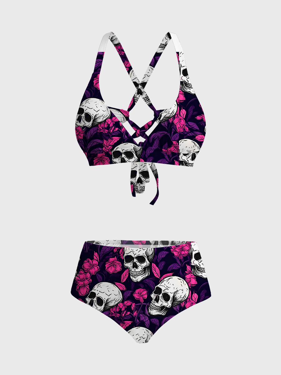 Vintag Skull & Pink Floral Pattern Strappy Two-Piece Swimsuit
