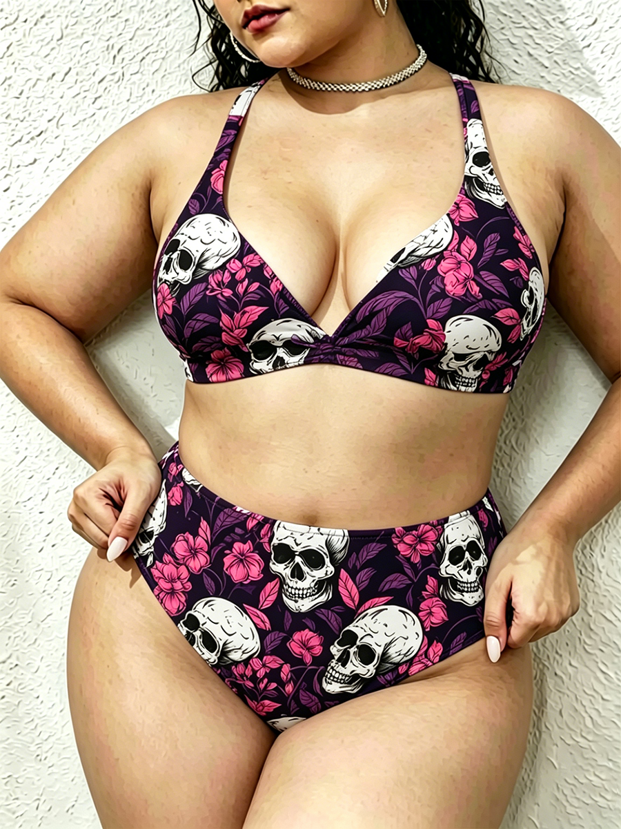Vintag Skull & Pink Floral Pattern Strappy Two-Piece Swimsuit