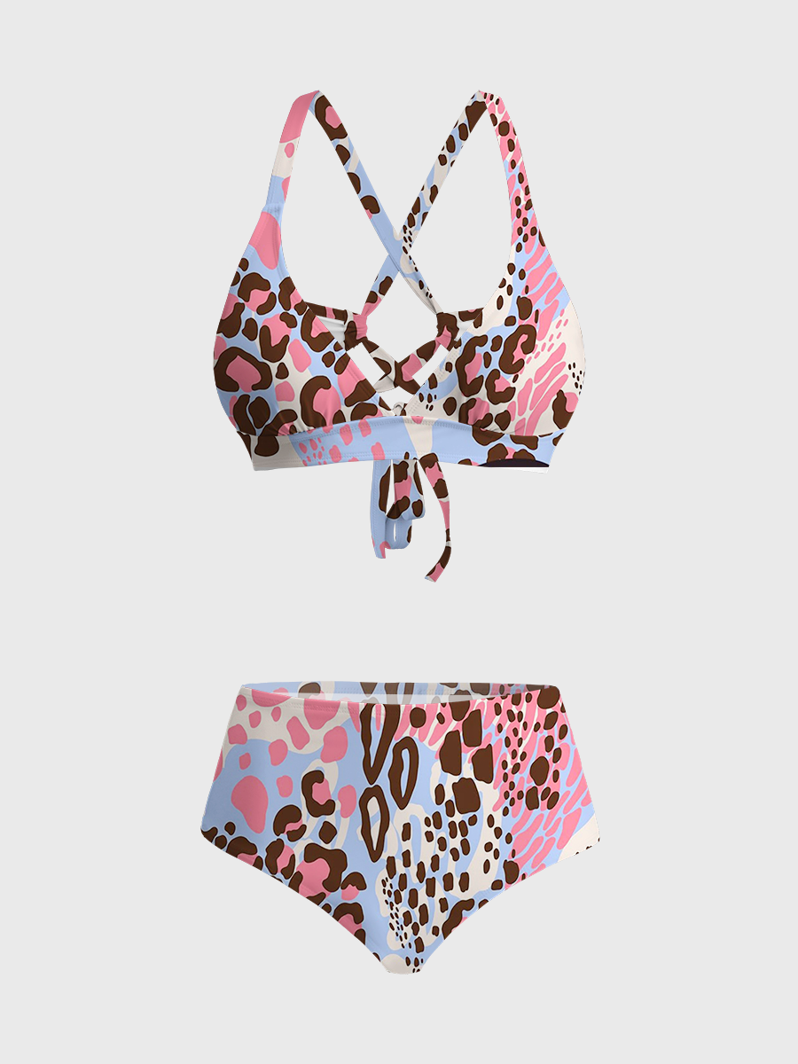 Vintage Pastel Leopard Abstract Print Two Piece Ruffled Tankini Swimsuit