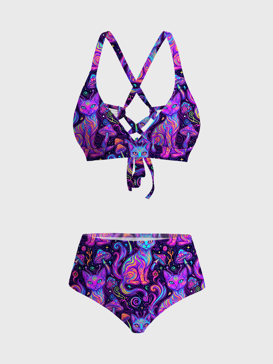 Vintag Psychedelic Alien Cat Art Strappy Two-Piece Swimsuit