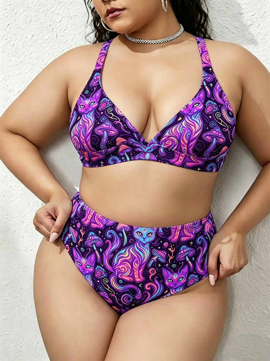 Vintag Psychedelic Alien Cat Art Strappy Two-Piece Swimsuit