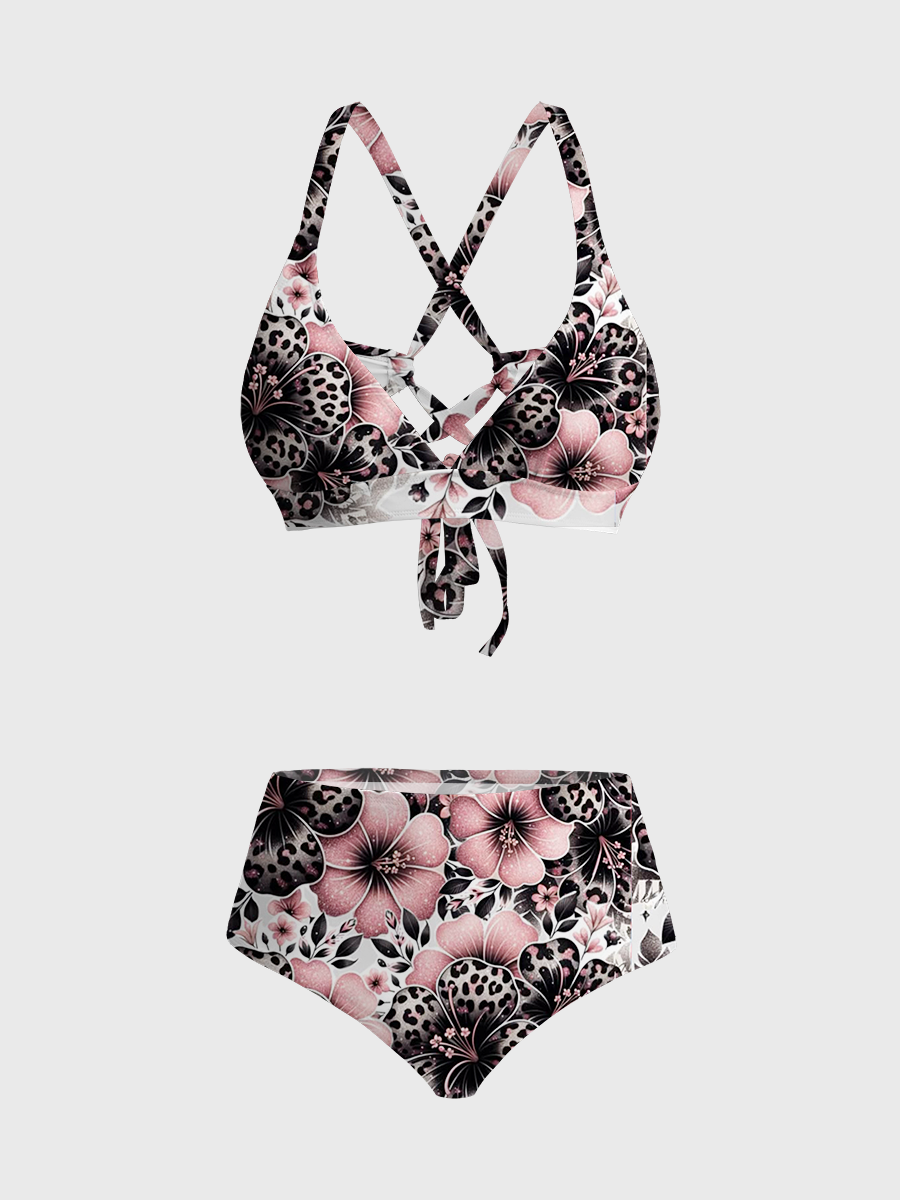 Vintag Leopard Print Hibiscus Floral Strappy Two-Piece Swimsuit