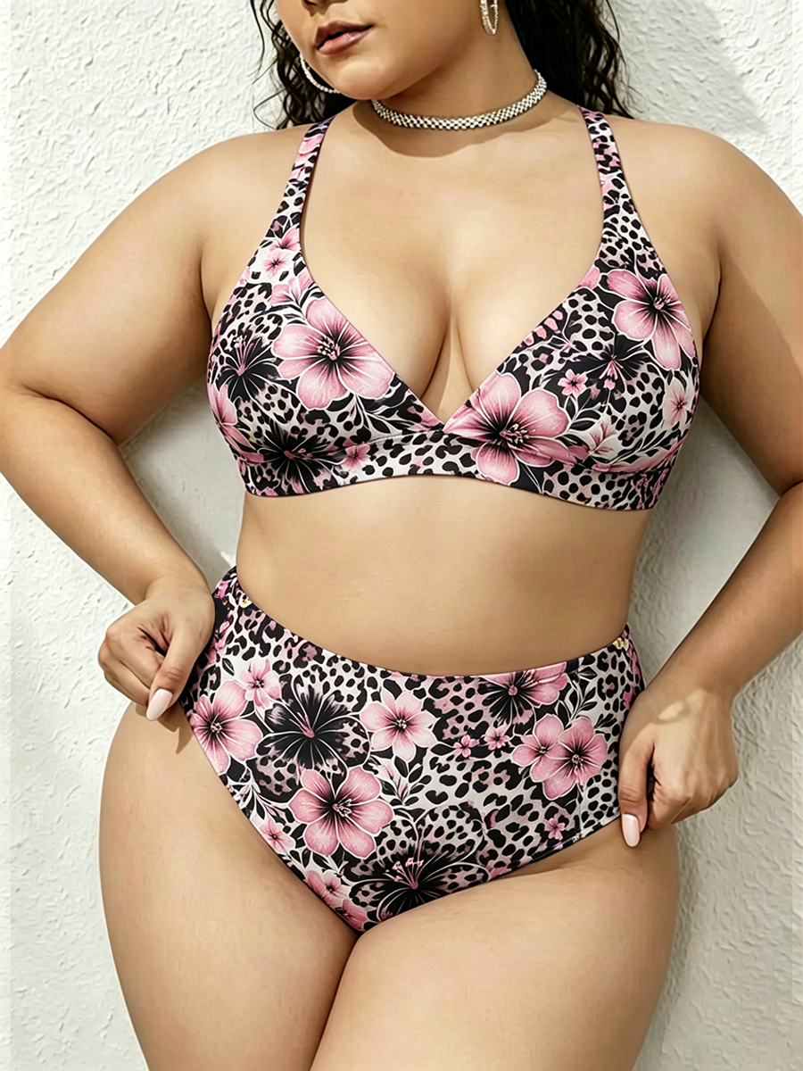 Vintag Leopard Print Hibiscus Floral Strappy Two-Piece Swimsuit