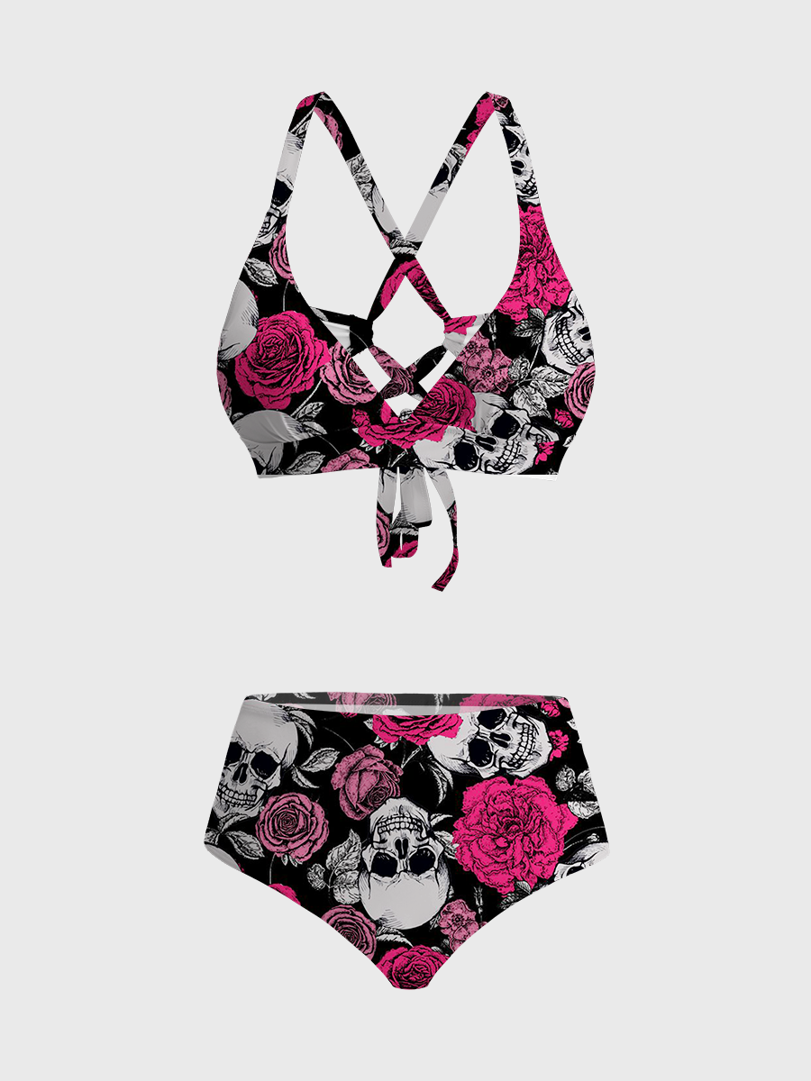 Vintage Skull & Rose Grunge Pattern Two Piece Ruffled Tankini Swimsuit